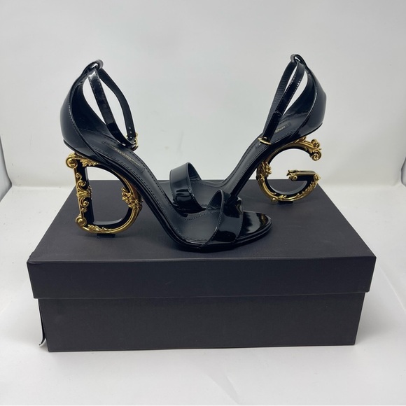 Dolce&Gabbana Black Gold Sculpted-Heel Baroque DG Patent Leather Sandals sz 38 8 - Picture 7 of 13